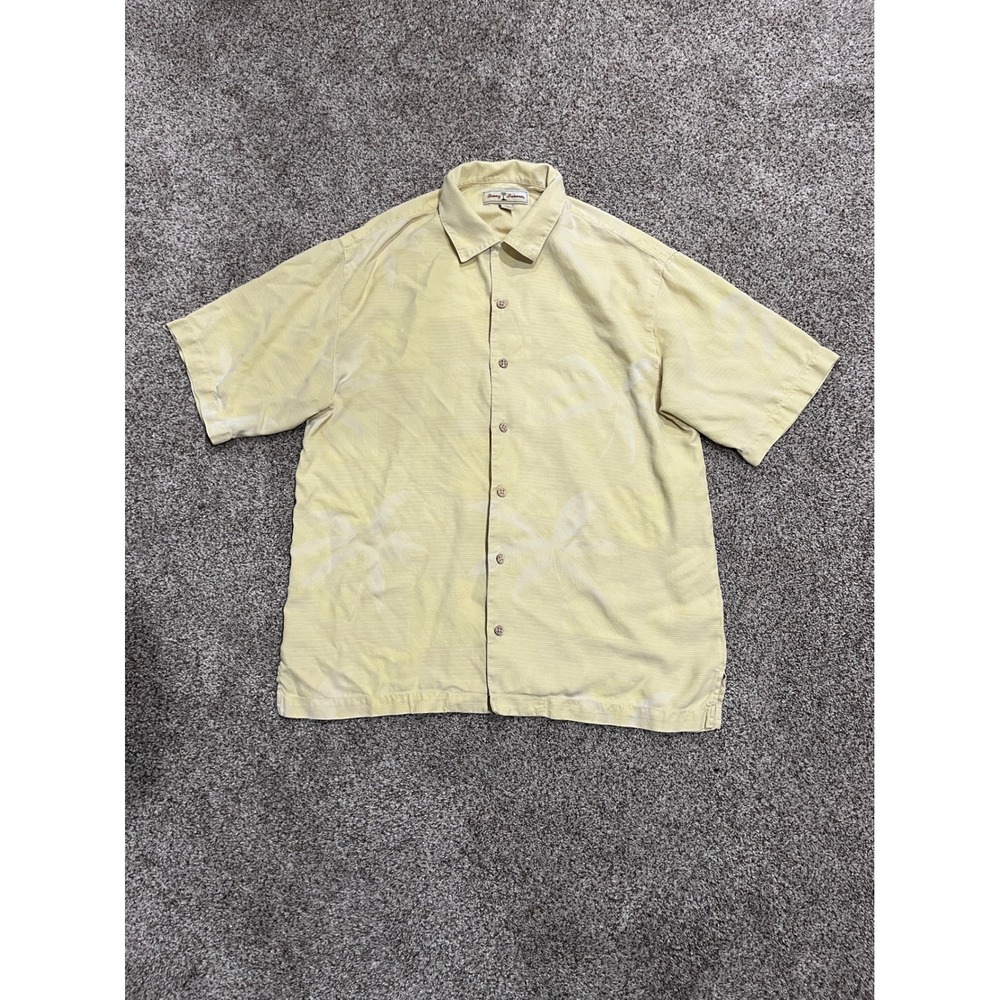 Tommy Bahama Mens Medium Yellow 100% Silk Palm Leaf Jacquard Camp Shirt